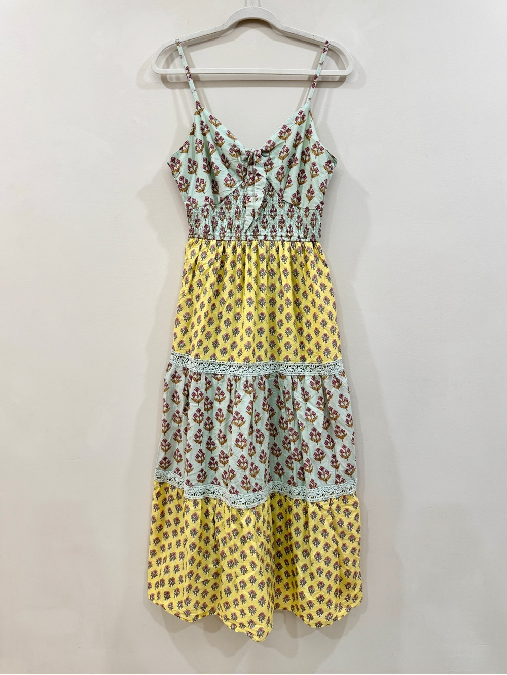Japna Patchwork Print Cotton Midi Dress Smocked Tie Front Size S Cottagecore